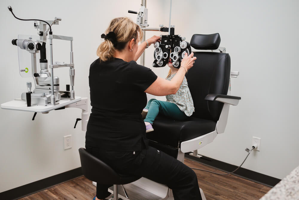 An eye exam in progress at a Kartesz Eye Care office in Roanoke, Virginia